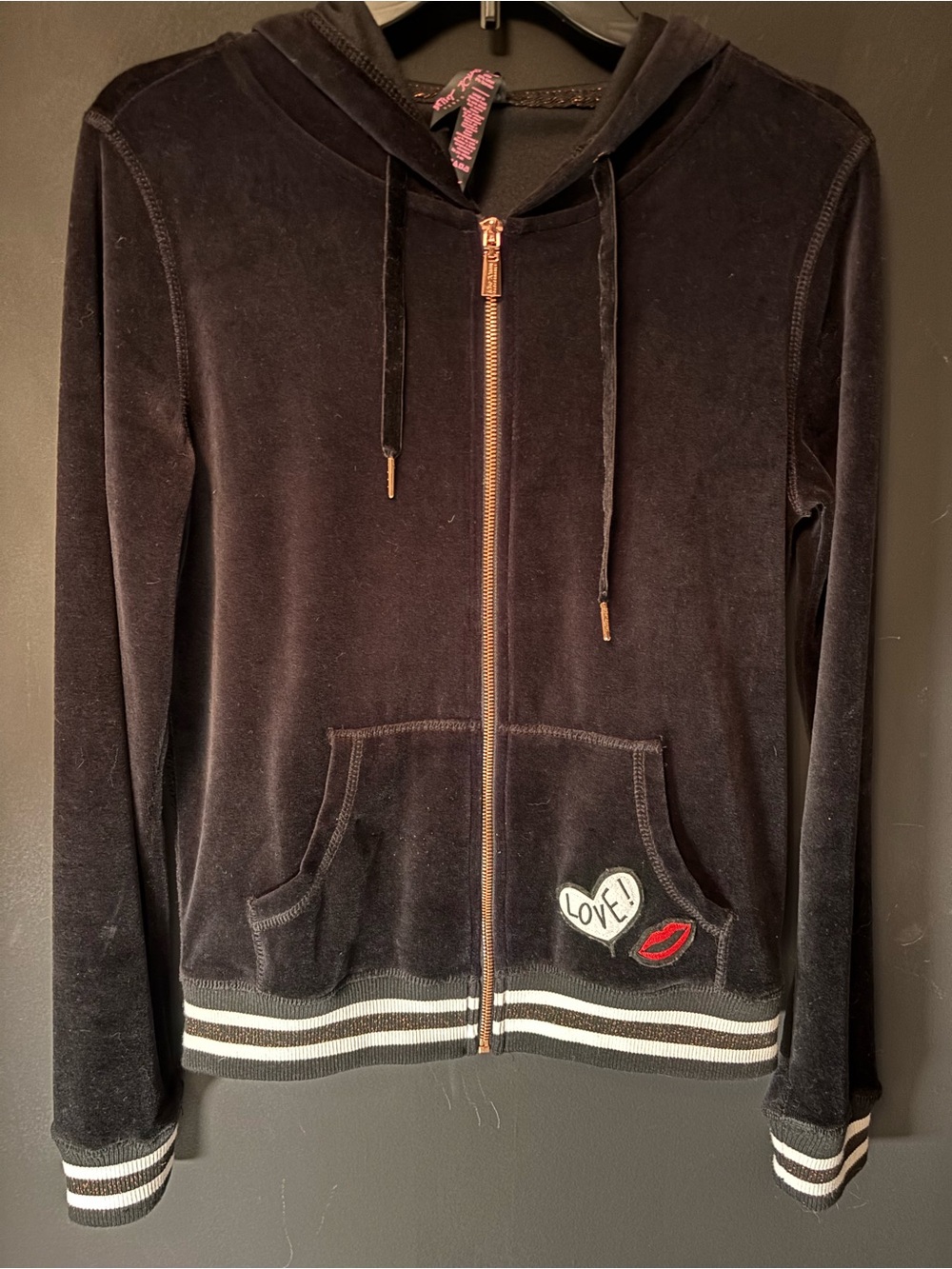 Betsey Johnson Black Velvet Hoodie with Rose Gold Zipper-Medium